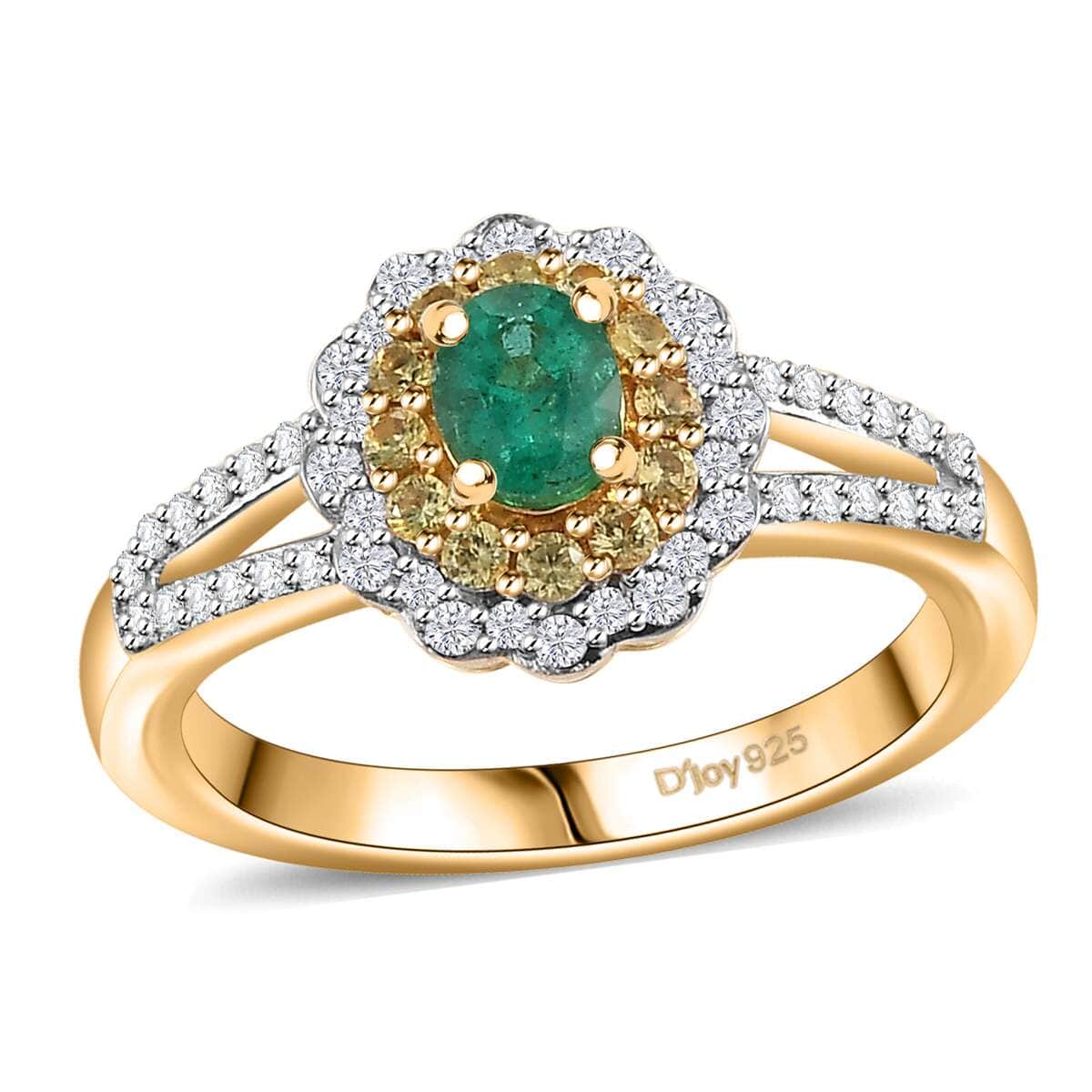 AAA Boyaca Colombian Emerald and Multi Gemstone 0.90 ctw Floral Ring in 18K Vermeil Yellow Gold Over Sterling Silver (Size 10.0) image number 0