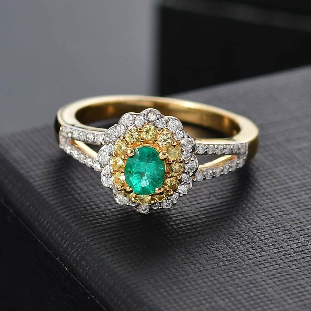 AAA Boyaca Colombian Emerald and Multi Gemstone 0.90 ctw Floral Ring in 18K Vermeil Yellow Gold Over Sterling Silver (Size 10.0) image number 1