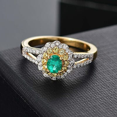 AAA Boyaca Colombian Emerald and Multi Gemstone 0.90 ctw Floral Ring in 18K Vermeil Yellow Gold Over Sterling Silver (Size 10.0)