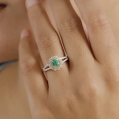 AAA Boyaca Colombian Emerald and Multi Gemstone 0.90 ctw Floral Ring in 18K Vermeil Yellow Gold Over Sterling Silver (Size 10.0)