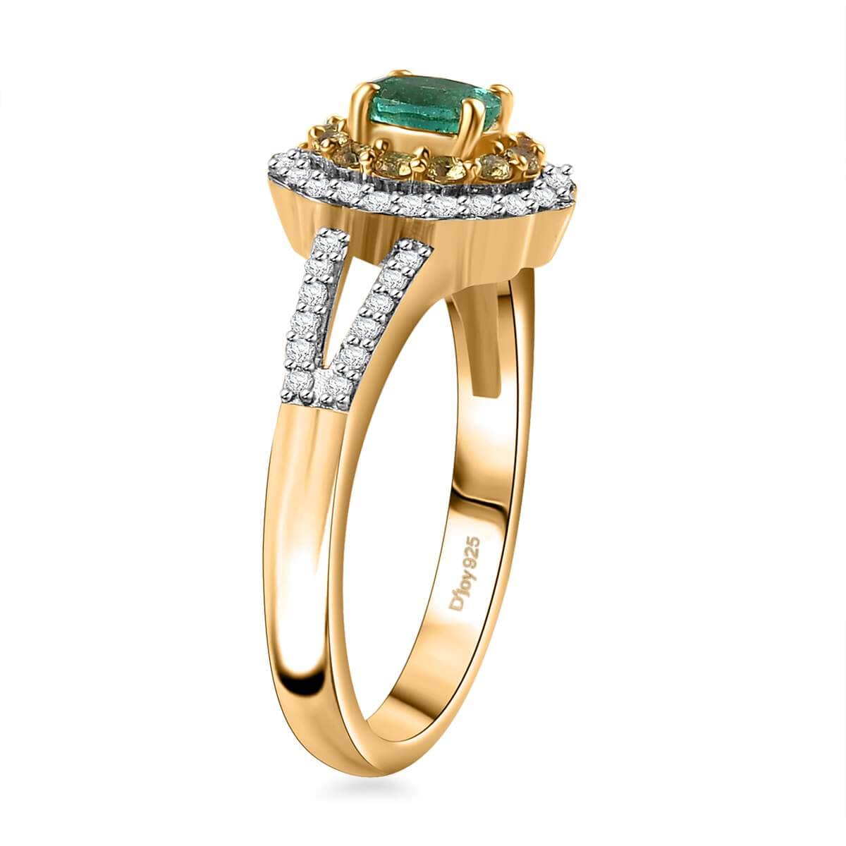 AAA Boyaca Colombian Emerald and Multi Gemstone 0.90 ctw Floral Ring in 18K Vermeil Yellow Gold Over Sterling Silver (Size 10.0) image number 3