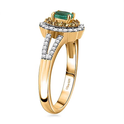 AAA Boyaca Colombian Emerald and Multi Gemstone 0.90 ctw Floral Ring in 18K Vermeil Yellow Gold Over Sterling Silver (Size 10.0)