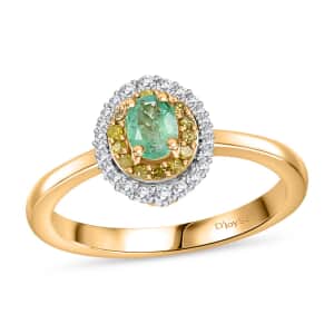 Boyaca Colombian Emerald, Yellow and White Diamond 0.55 ctw Oceanic Radiance Ring in 18K Vermeil Yellow Gold Over Sterling Silver (Size 10.0) (Del. in 10-12 Days)