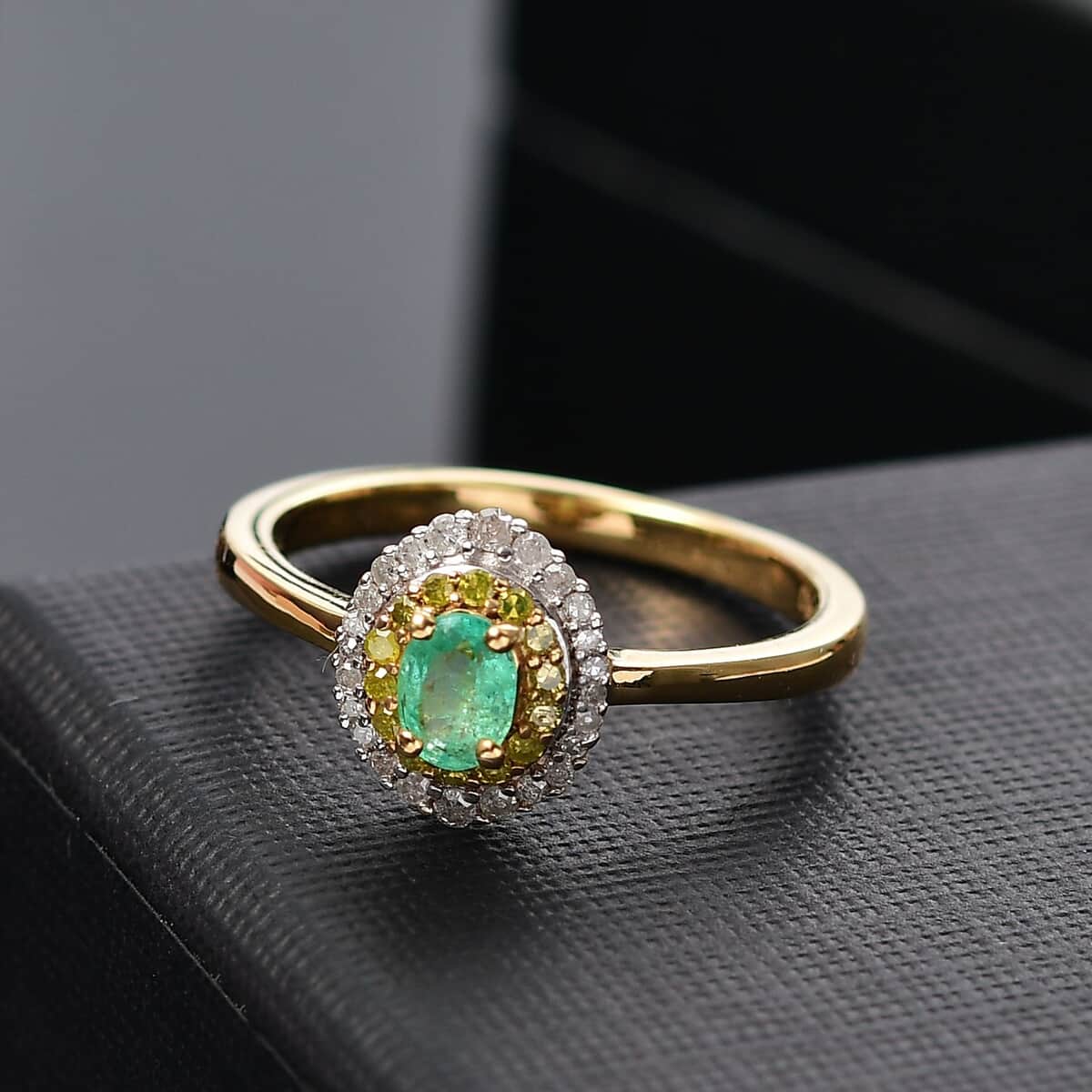 Boyaca Colombian Emerald, Yellow and White Diamond 0.55 ctw Oceanic Radiance Ring in 18K Vermeil Yellow Gold Over Sterling Silver (Size 10.0) (Del. in 10-12 Days) image number 1