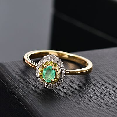 D'Joy Boyaca Colombian Emerald, Yellow and White Diamond 0.55 ctw Oceanic Radiance Ring in 18K Vermeil Yellow Gold Over Sterling Silver (Size 10.0) (Del. in 10-12 Days)