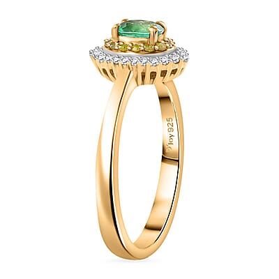 D'Joy Boyaca Colombian Emerald, Yellow and White Diamond 0.55 ctw Oceanic Radiance Ring in 18K Vermeil Yellow Gold Over Sterling Silver (Size 10.0) (Del. in 10-12 Days)