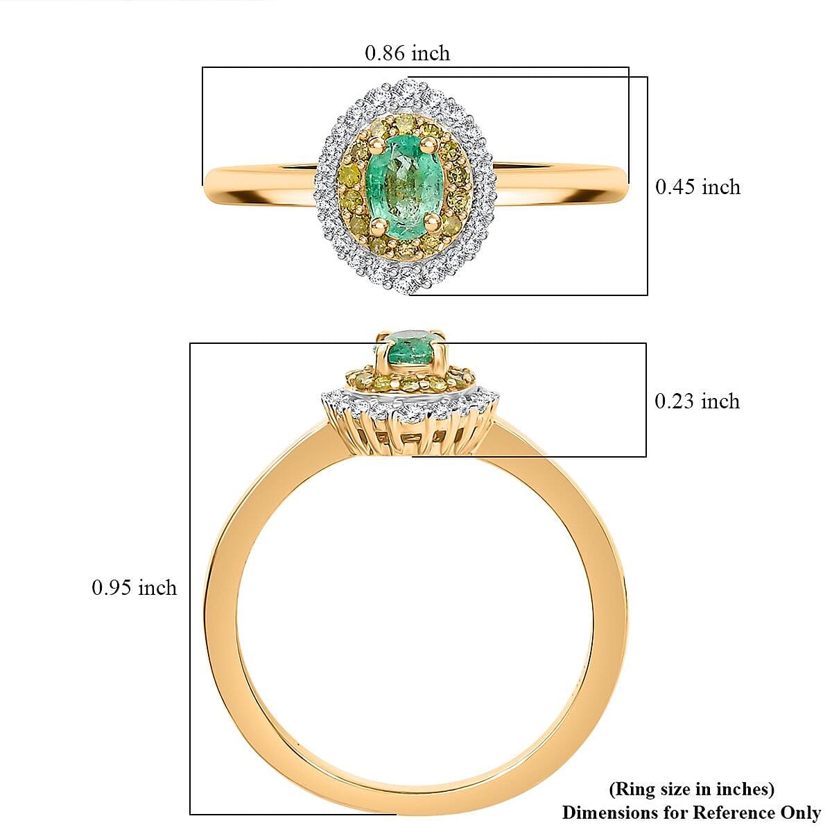 D'Joy Boyaca Colombian Emerald, Yellow and White Diamond 0.55 ctw Oceanic Radiance Ring in 18K Vermeil Yellow Gold Over Sterling Silver (Size 10.0) (Del. in 10-12 Days)
