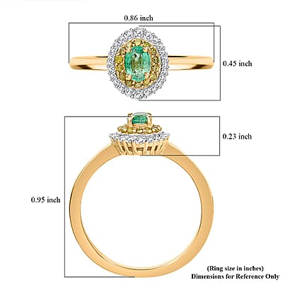 D'Joy Boyaca Colombian Emerald, Yellow and White Diamond 0.55 ctw Oceanic Radiance Ring in 18K Vermeil Yellow Gold Over Sterling Silver (Size 10.0) (Del. in 10-12 Days)