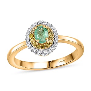 D'Joy Boyaca Colombian Emerald, Yellow and White Diamond 0.55 ctw Oceanic Radiance Ring in 18K Vermeil Yellow Gold Over Sterling Silver (Size 7.0) (Del. in 10-12 Days)