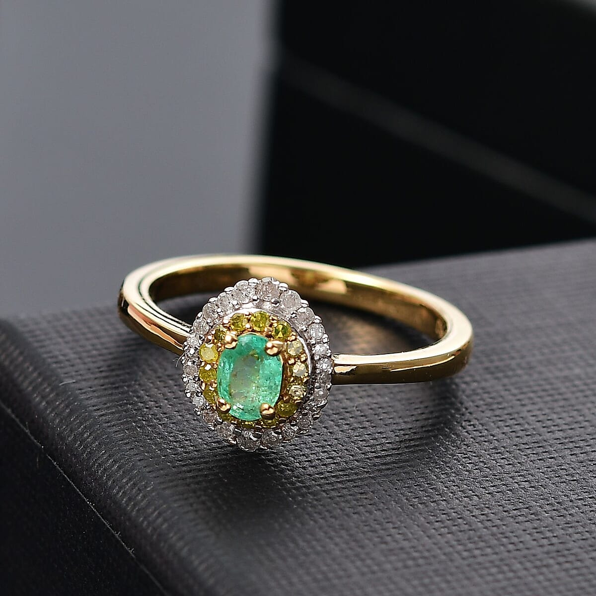 D'Joy Boyaca Colombian Emerald, Yellow and White Diamond 0.55 ctw Oceanic Radiance Ring in 18K Vermeil Yellow Gold Over Sterling Silver (Size 7.0) (Del. in 10-12 Days) image number 1