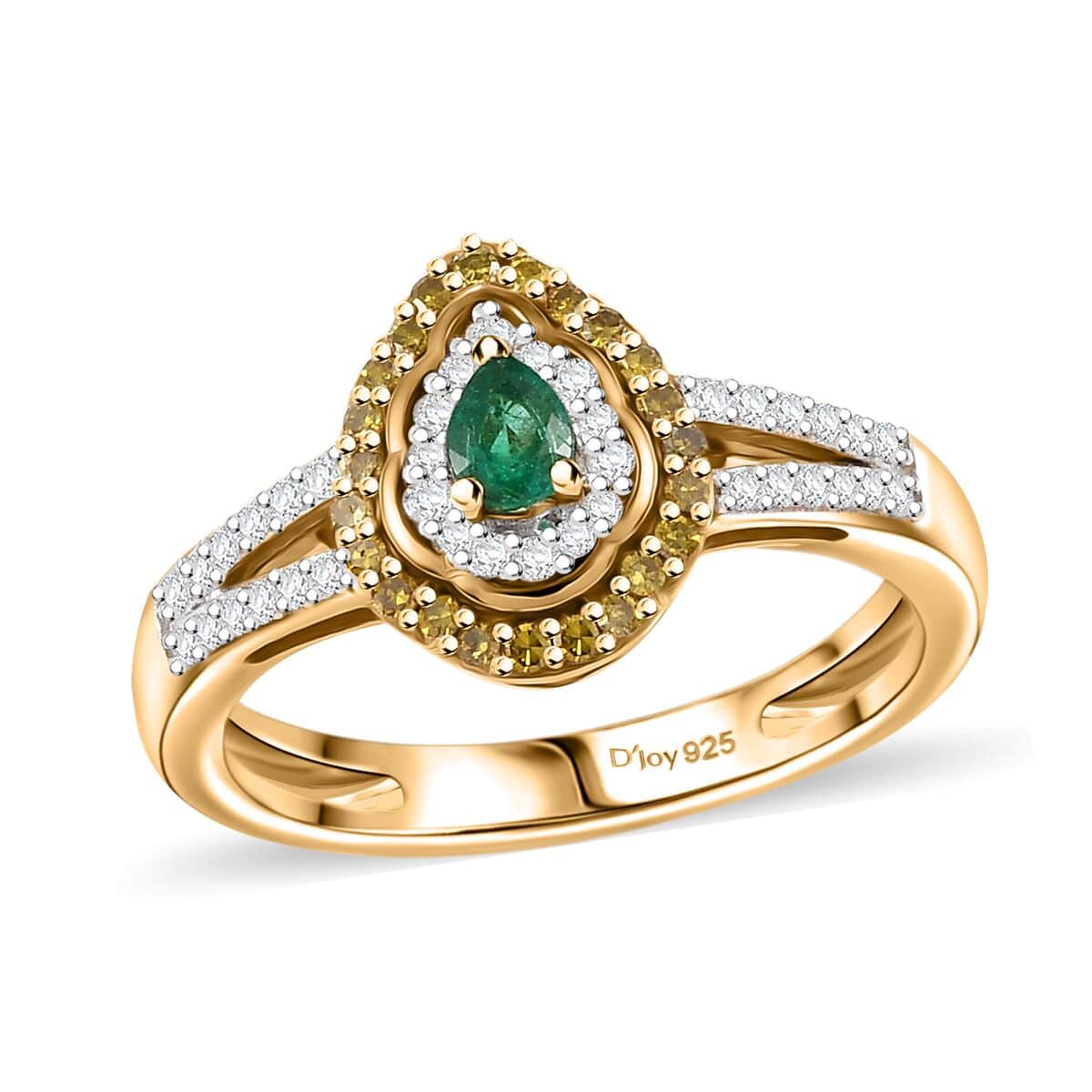 AAA Boyaca Colombian Emerald, Yellow and Diamond 0.50 ctw Modern Glamour Ring in 18K Vermeil Yellow Gold Over Sterling Silver (Size 10.0) image number 0