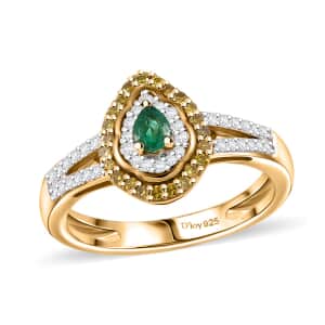 AAA Boyaca Colombian Emerald, Yellow and Diamond 0.50 ctw Modern Glamour Ring in 18K Vermeil Yellow Gold Over Sterling Silver (Size 10.0)