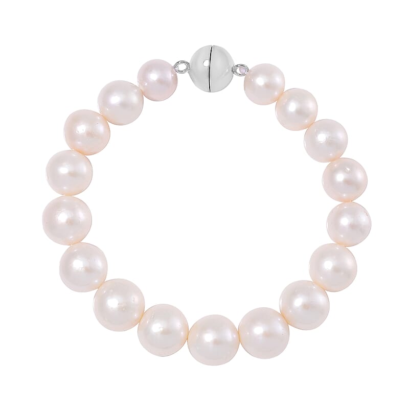 White Edison Pearl Stretch Bracelet in Rhodium Over Sterling Silver (7.25 In)