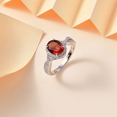 D'Joy Ceylon Hessonite Garnet and White Zircon 2.90 ctw Ring in Rhodium Over Sterling Silver (Size 10.0)