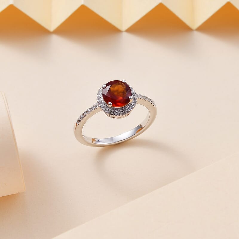 D'Joy Ceylon Hessonite Garnet and White Zircon 2.70 ctw Halo Ring in Rhodium Over Sterling Silver (Size 10.0)