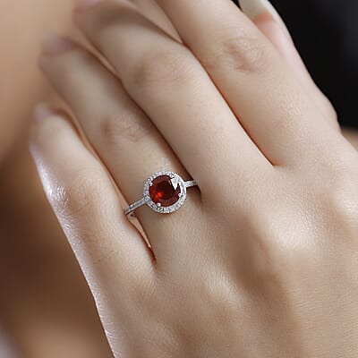 D'Joy Ceylon Hessonite Garnet and White Zircon 2.70 ctw Halo Ring in Rhodium Over Sterling Silver (Size 10.0)