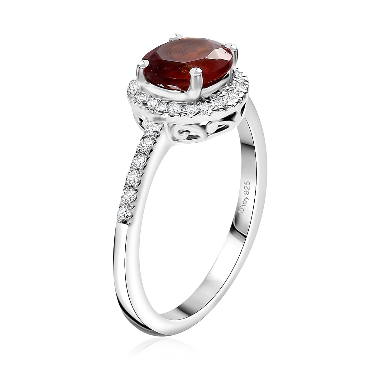 D'Joy Ceylon Hessonite Garnet and White Zircon 2.70 ctw Halo Ring in Rhodium Over Sterling Silver (Size 10.0)