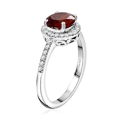 D'Joy Ceylon Hessonite Garnet and White Zircon 2.70 ctw Halo Ring in Rhodium Over Sterling Silver (Size 10.0)