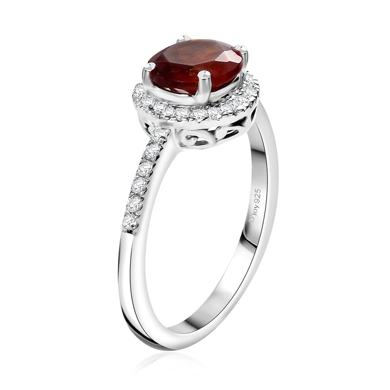 D'Joy Ceylon Hessonite Garnet and White Zircon 2.70 ctw Halo Ring in Rhodium Over Sterling Silver (Size 10.0)