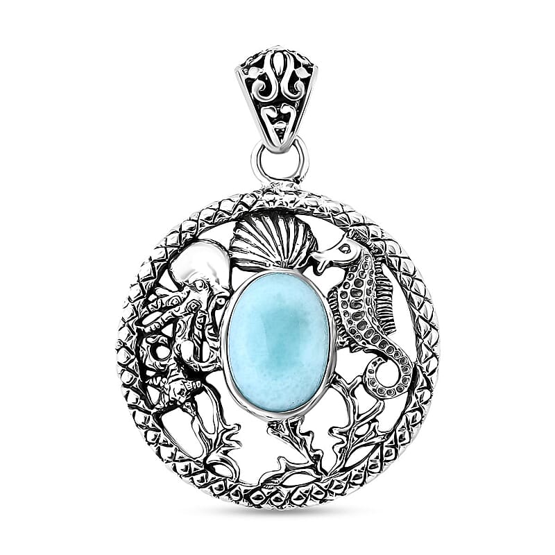 Bali Legacy Natural Green Larimar 6.75 ctw Seahorse Pendant without Chain in Sterling Silver