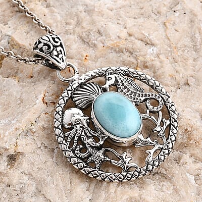 Bali Legacy Natural Green Larimar 6.75 ctw Seahorse Pendant without Chain in Sterling Silver