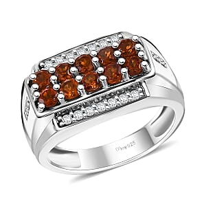 Ceylon Hessonite Garnet and White Zircon 1.70 ctw Men's Ring in Rhodium Over Sterling Silver (Size 10.0)