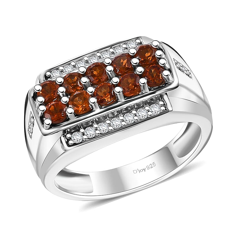 D'Joy Ceylon Hessonite Garnet and White Zircon 1.70 ctw Men's Ring in Rhodium Over Sterling Silver (Size 10.0)