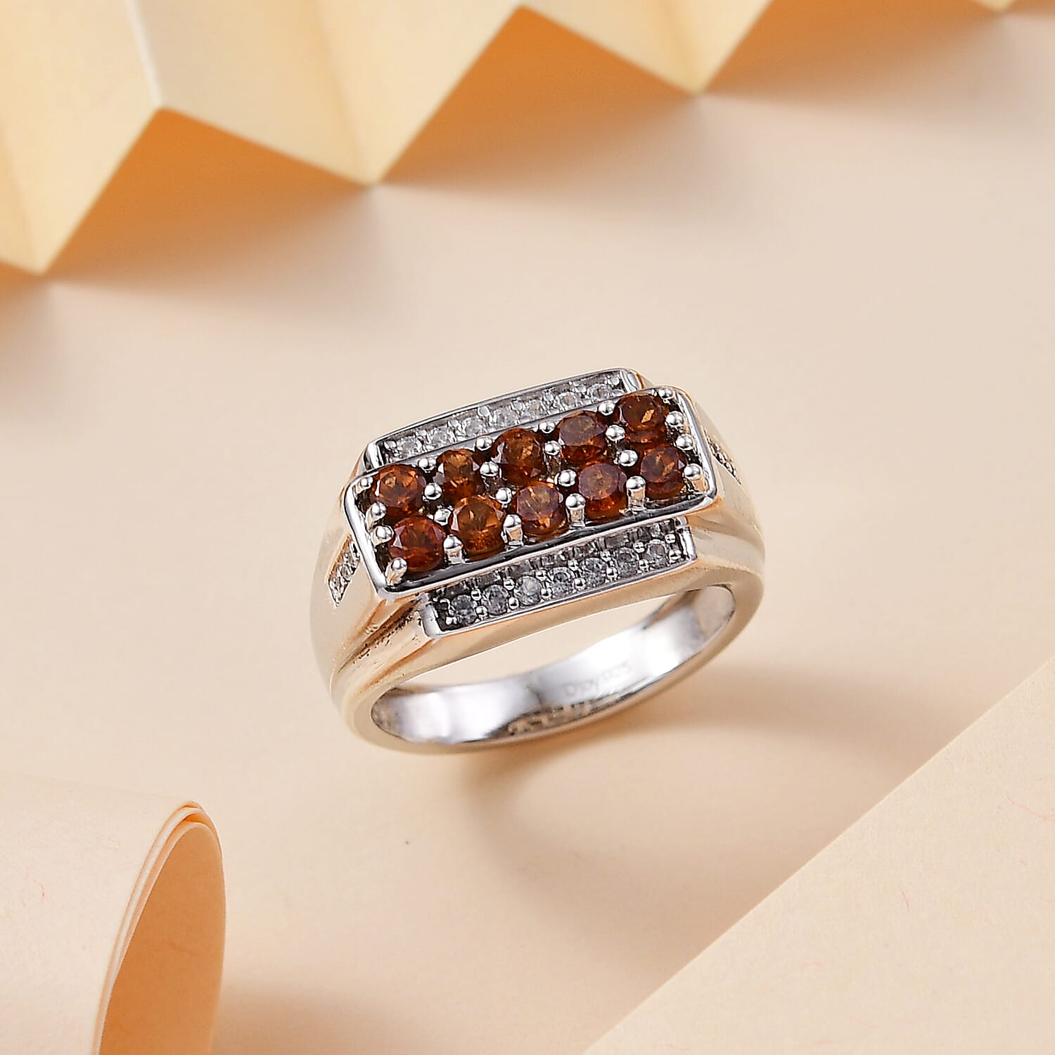 D'Joy Ceylon Hessonite Garnet and White Zircon 1.70 ctw Men's Ring in Rhodium Over Sterling Silver (Size 10.0)