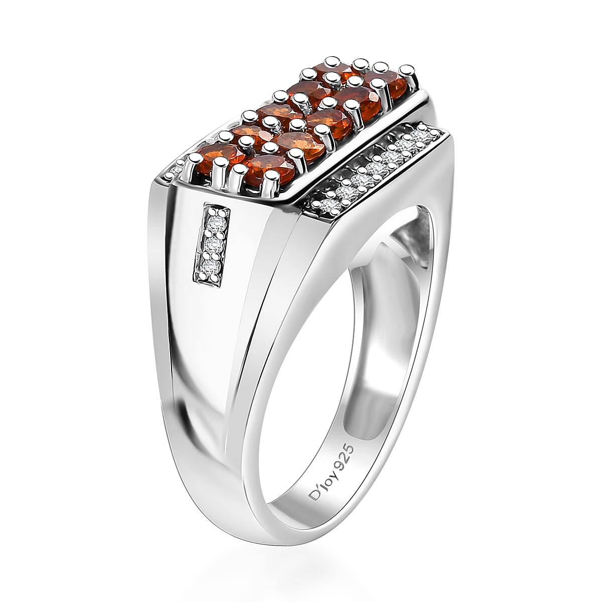 D'Joy Ceylon Hessonite Garnet and White Zircon 1.70 ctw Men's Ring in Rhodium Over Sterling Silver (Size 10.0)