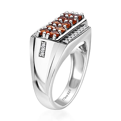 D'Joy Ceylon Hessonite Garnet and White Zircon 1.70 ctw Men's Ring in Rhodium Over Sterling Silver (Size 10.0)
