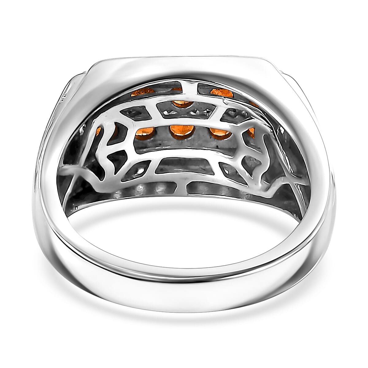D'Joy Ceylon Hessonite Garnet and White Zircon 1.70 ctw Men's Ring in Rhodium Over Sterling Silver (Size 10.0)