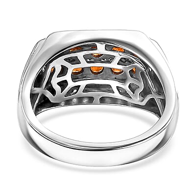 D'Joy Ceylon Hessonite Garnet and White Zircon 1.70 ctw Men's Ring in Rhodium Over Sterling Silver (Size 10.0)