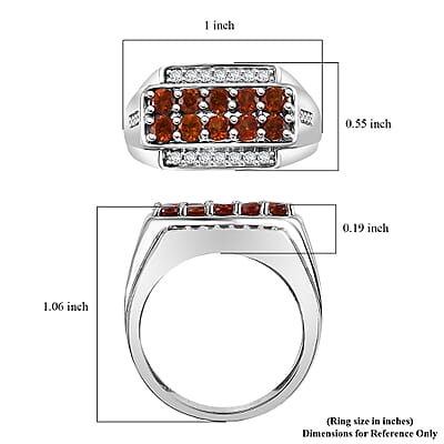 D'Joy Ceylon Hessonite Garnet and White Zircon 1.70 ctw Men's Ring in Rhodium Over Sterling Silver (Size 10.0)