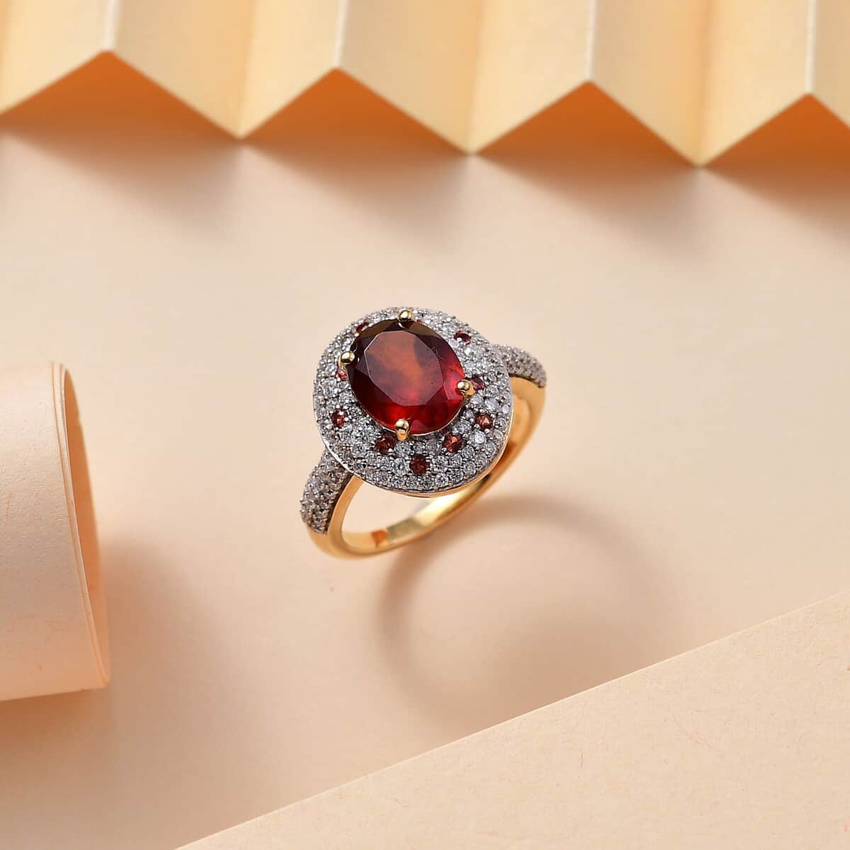 Ceylon Hessonite Garnet and Multi Gemstone 4.50 ctw Double Halo Ring in 18K Vermeil Yellow Gold Over Sterling Silver (Size 10.0) image number 1