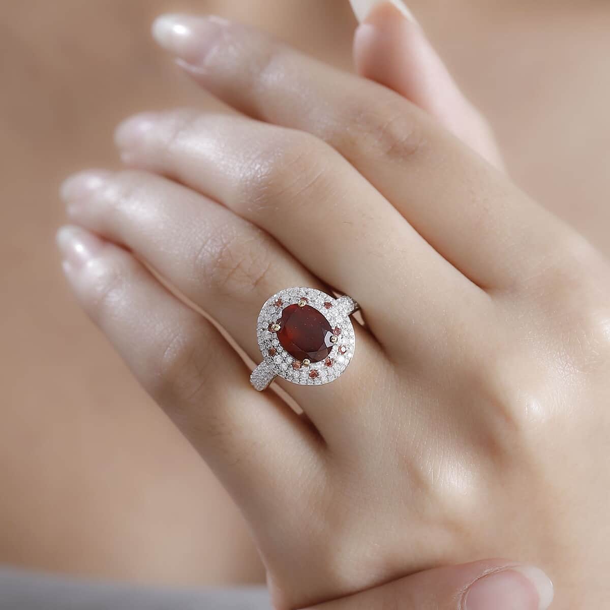 Ceylon Hessonite Garnet and Multi Gemstone 4.50 ctw Double Halo Ring in 18K Vermeil Yellow Gold Over Sterling Silver (Size 10.0) image number 2