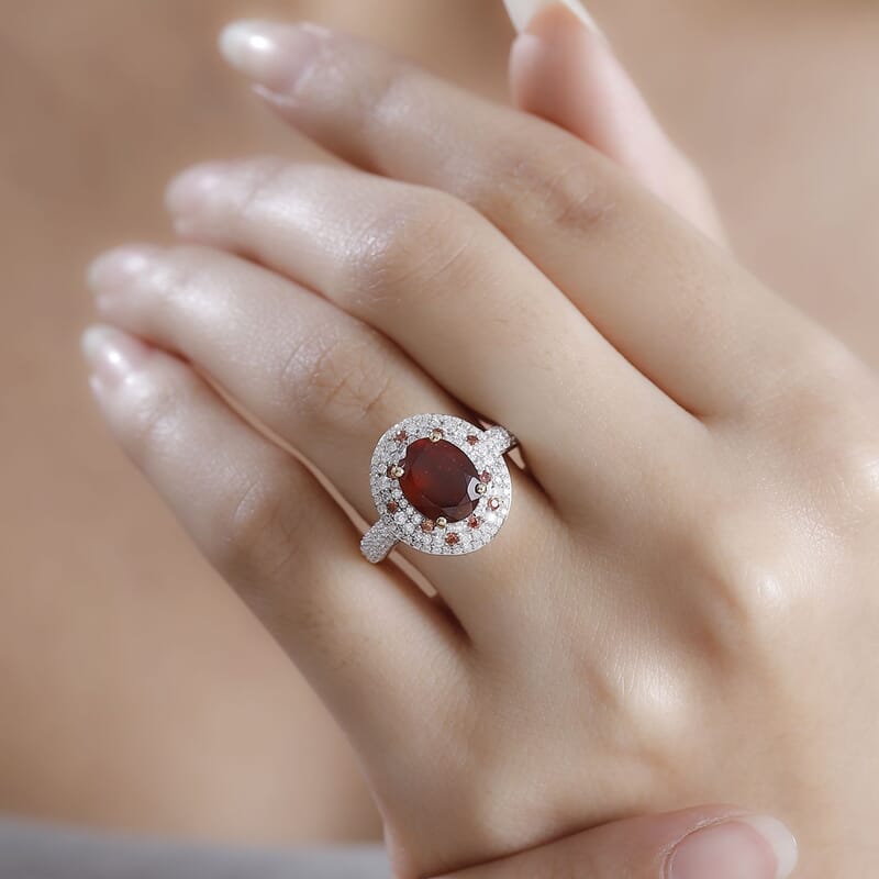 D'Joy Ceylon Hessonite Garnet and Multi Gemstone 4.50 ctw Double Halo Ring in 18K Vermeil Yellow Gold Over Sterling Silver (Size 10.0)