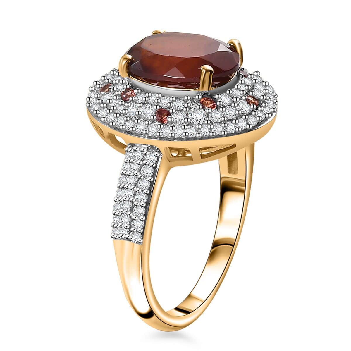 Ceylon Hessonite Garnet and Multi Gemstone 4.50 ctw Double Halo Ring in 18K Vermeil Yellow Gold Over Sterling Silver (Size 10.0) image number 3