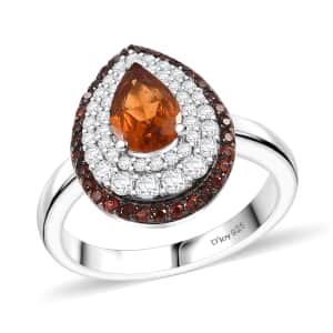 Ceylon Hessonite Garnet, Brown and White Zircon 1.75 ctw Triple Halo Ring in Rhodium Over Sterling Silver (Size 10.0)