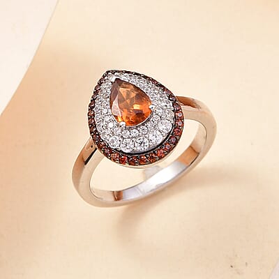 Ceylon Hessonite Garnet, Brown and White Zircon 1.75 ctw Triple Halo Ring in Rhodium Over Sterling Silver (Size 10.0)