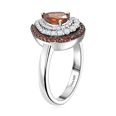 Ceylon Hessonite Garnet, Brown and White Zircon 1.75 ctw Triple Halo Ring in Rhodium Over Sterling Silver (Size 10.0)