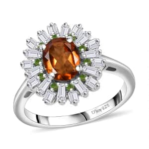 Ceylon Hessonite Garnet and Multi Gemstone 2.00 ctw Sunburst Ring in Rhodium Over Sterling Silver (Size 10.0)