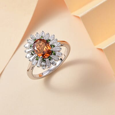Ceylon Hessonite Garnet and Multi Gemstone 2.00 ctw Sunburst Ring in Rhodium Over Sterling Silver (Size 10.0)