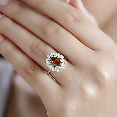 Ceylon Hessonite Garnet and Multi Gemstone 2.00 ctw Sunburst Ring in Rhodium Over Sterling Silver (Size 10.0)