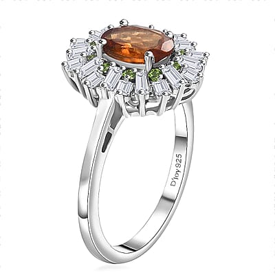 Ceylon Hessonite Garnet and Multi Gemstone 2.00 ctw Sunburst Ring in Rhodium Over Sterling Silver (Size 10.0)