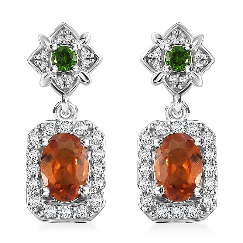 D'Joy Ceylon Hessonite Garnet and Multi Gemstone 1.70 ctw Dangle Earrings in Rhodium Over Sterling Silver