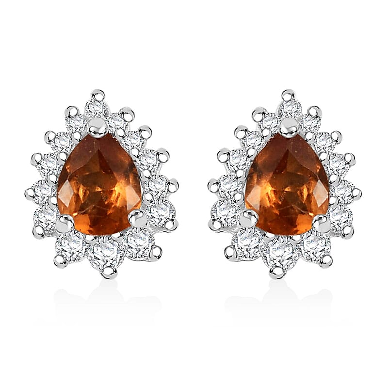D'Joy Ceylon Hessonite Garnet and White Zircon 0.60 ctw Sunburst Stud Earrings in Rhodium Over Sterling Silver
