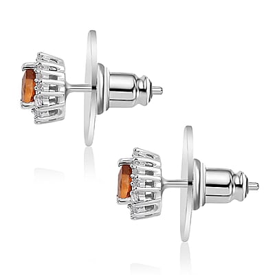 D'Joy Ceylon Hessonite Garnet and White Zircon 0.60 ctw Sunburst Stud Earrings in Rhodium Over Sterling Silver