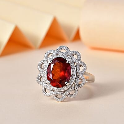 D'Joy Ceylon Hessonite Garnet and Moissanite 5.20 ctw Ring in Rhodium Over Sterling Silver (Size 10.0)