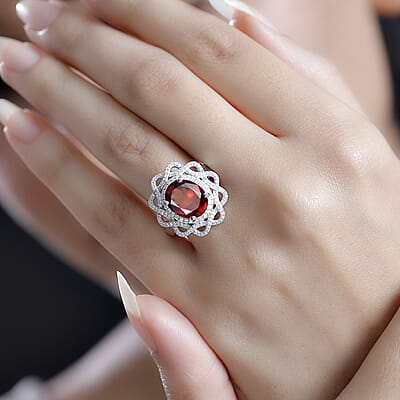 D'Joy Ceylon Hessonite Garnet and Moissanite 5.20 ctw Ring in Rhodium Over Sterling Silver (Size 10.0)