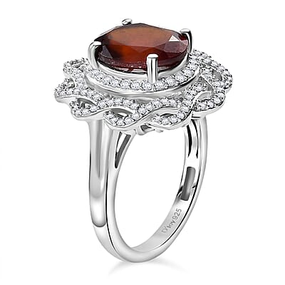 D'Joy Ceylon Hessonite Garnet and Moissanite 5.20 ctw Ring in Rhodium Over Sterling Silver (Size 10.0)